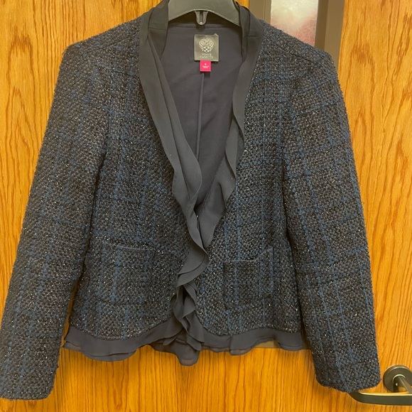 Vince Camuto Navy Textured Blazer with Ruffle Detail - Picture 1 of 4